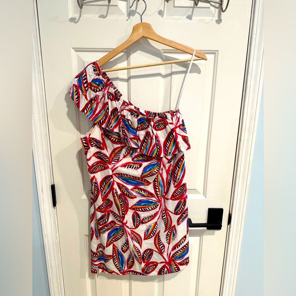 One shoulder j-crew mini dress, linen blend perfect for resort or summer